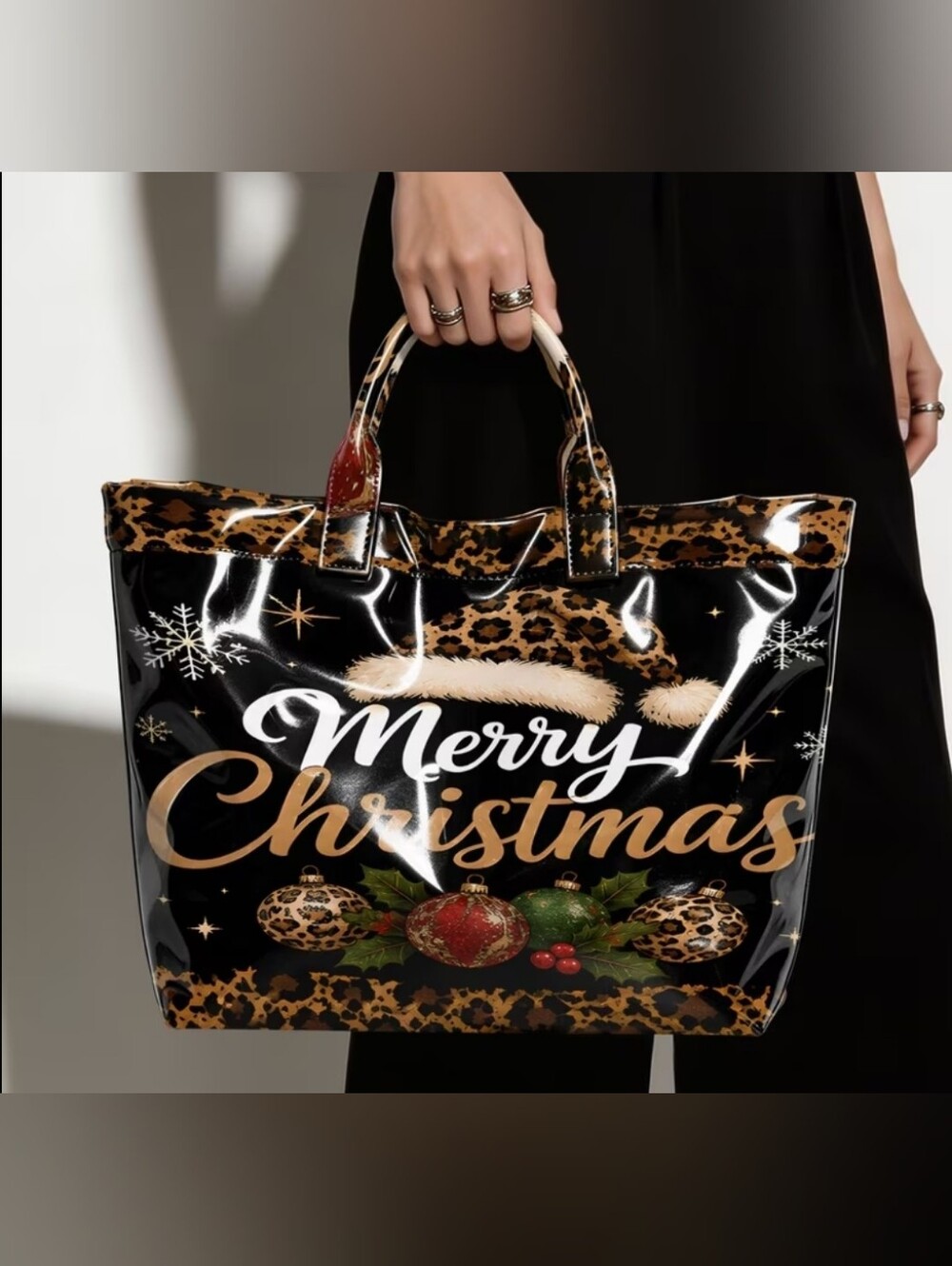 Holiday PVC Merry Christmas Large Daily Commute Tote Bag Semi-Gloss